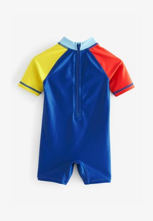 Trumpas rankovėmis vaikų šlapias kostiumas mėlynos spalvos su geltonomis, raudonomis ir šviesiai mėlynomis dalimis. Savybės: užtrauktukas ir tamprus, sklandus audinys.