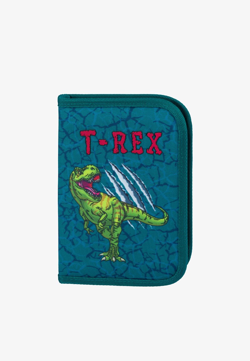 Portafoglio verde in tessuto con zip, caratterizzato da una grafica di T-Rex e testo ricamato rosso "T-REX", con segni di artigli su uno sfondo blu testurizzato.