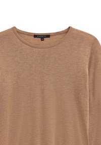 Brauner Rundhalsausschnitt Pullover mit langen Ärmeln, versehen mit einem schwarzen "Bugatti"-Label und einem Größenetikett "S" im Kragen.