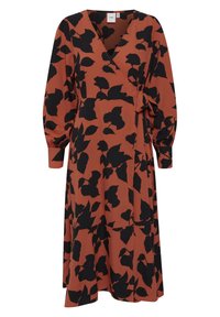 Robe portefeuille couleur rouille avec un motif floral noir, manches longues ballon et taille cintrée, fabriquée en tissu texturé.