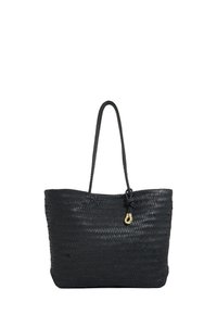 Black woven tote bag with long handles, featuring a textured surface and a gold tonal hardware accent at the top.