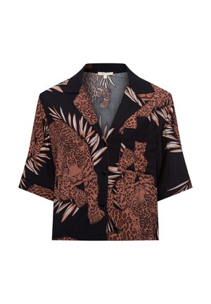 Cropped short-sleeve shirt featuring a black base with brown leopard and foliage print, button front, and single pocket design.