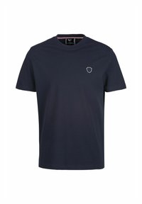 Marineblaue Baumwoll-T-Shirt mit rundem Halsausschnitt und kurzen Ärmeln. Mit kleinem Schild-Logo auf der linken Brust und dezentem Kontraststich.