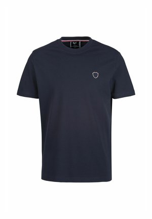 Navy blue cotton t-shirt with a round neckline and short sleeves. Features a small shield logo on the left chest, subtle contrast stitching.
