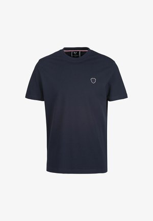 Marineblaue Baumwoll-T-Shirt mit rundem Halsausschnitt und kurzen Ärmeln. Mit kleinem Schild-Logo auf der linken Brust und dezentem Kontraststich.