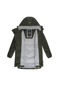 Alyvuogių žalios spalvos pūkinė striukė su gaubtu, pilkos spalvos vilnos pamušalu ir lygiu sidabriniu vidumi, užsegama užtrauktuku ir spaudėmis.