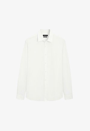 Camicia bianca a maniche lunghe con bottoni, realizzata in tessuto morbido. Presenta un colletto classico, una vestibilità regolare e polsini con bottoni.