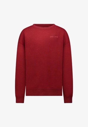 Rode trui van een katoenmix, met een ronde hals en geribbelde boorden. Opvallend detail is een subtiele merkborduursel op de borst.