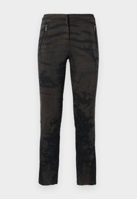 Black and dark gray tie-dye pants with two side zip pockets, straight-leg design, and a logo patch on the back waistband.