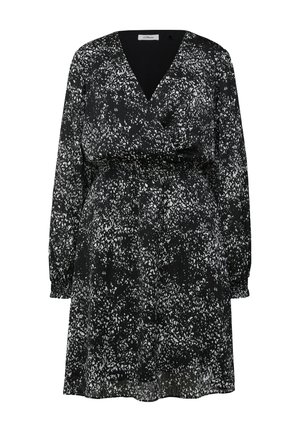 Schwarzes Kleid mit weißem, gesprenkeltem Muster, V-Ausschnitt, langen Ärmeln und elastischem Bund. Aus einem leichten, fließenden Stoff gefertigt.