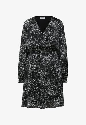 Schwarzes Kleid mit weißem, gesprenkeltem Muster, V-Ausschnitt, langen Ärmeln und elastischem Bund. Aus einem leichten, fließenden Stoff gefertigt.