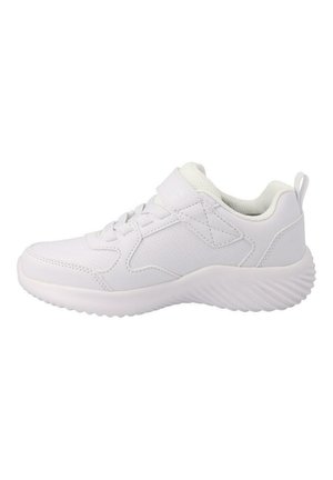 Zapatilla deportiva blanca con parte superior sintética suave, puntera redondeada, cuello acolchado, cierre con cordones y Velcro, y suela de goma texturizada.