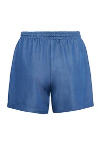 Short bleu à taille élastique avec un design simple et un tissu doux, montré de dos sur un fond blanc.