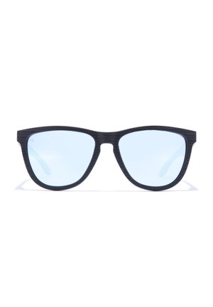 Black sunglasses with a textured frame and blue lenses, featuring a classic rectangular shape and slightly rounded edges.