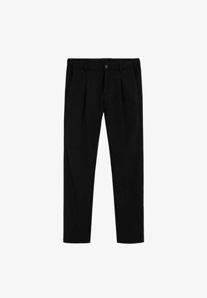 Pantalones negros de corte relajado, con pliegues en la parte delantera, cierre de botón y una textura tejida y suave.