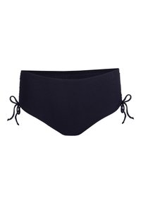 Marinblå bikiniunderdel med en slät textur, som har sidoknytningar för justerbarhet och en klassisk brief-modell.