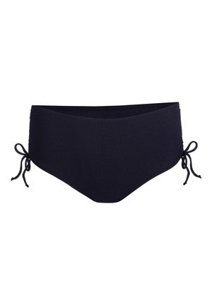 Navyblauwe bikinibroek met een gladde textuur, voorzien van zijknoopjes voor verstelbaarheid en een klassiek slipmodel.