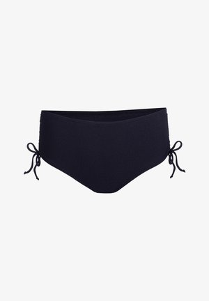 Navyblauwe bikinibroek met een gladde textuur, voorzien van zijknoopjes voor verstelbaarheid en een klassiek slipmodel.