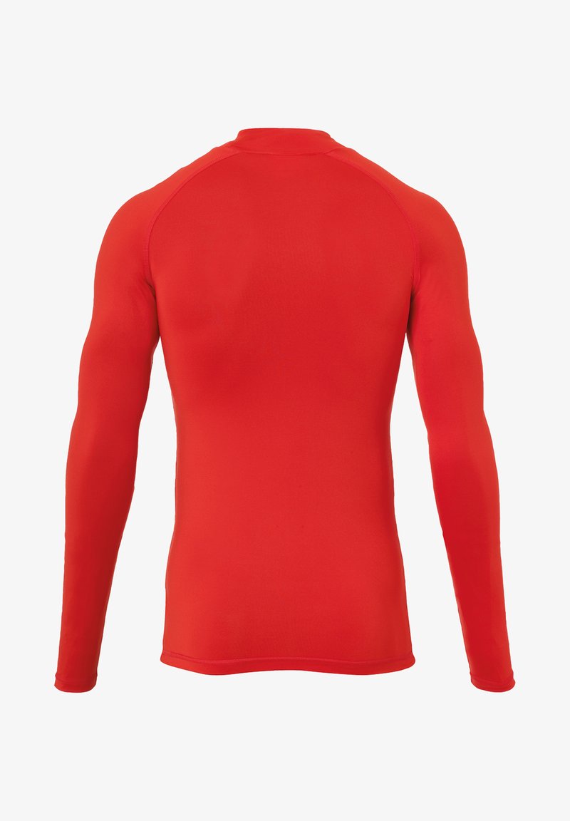 Rode lange mouwen sportshirt gemaakt van rekbare, gladde stof. Heeft een ronde halslijn en een aansluitend ontwerp met raglanmouwen.