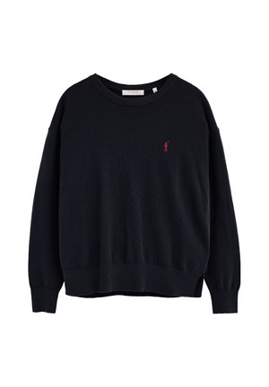 Schwarzer Langarmpullover mit Rundhalsausschnitt und kleinem roten Polospieler-Logo auf der linken Brust.