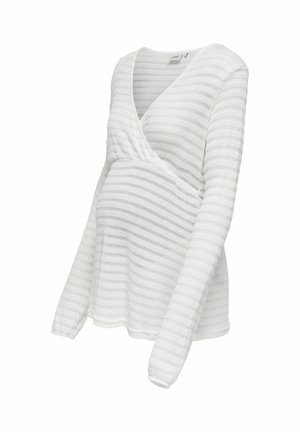 Biała, długi rękaw, ciążowy sweter z teksturowanymi poziomymi paskami i dekoltem w kształcie litery V z zakładanym przodem.
