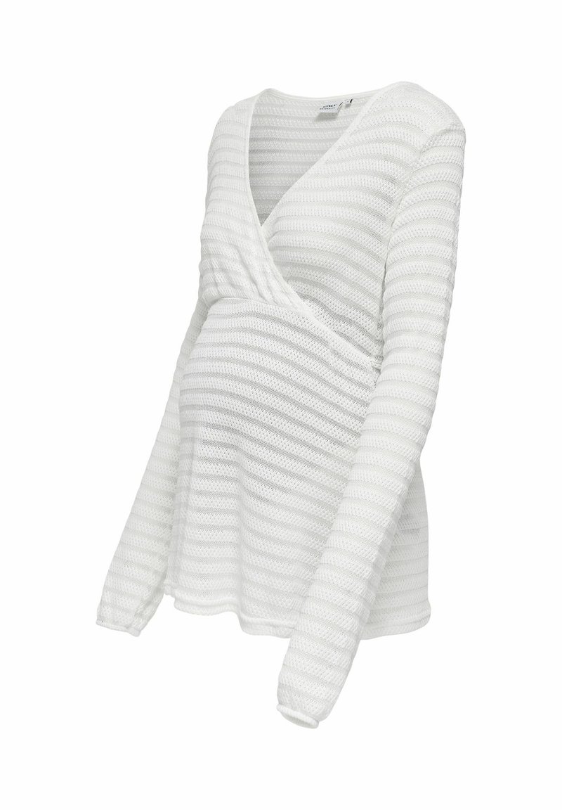 Pull de maternité blanc à manches longues avec rayures horizontales texturées et un design croisé en V.