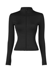 Czarna, dwuwarstwowa kurtka z długim rękawem, wysokim kołnierzem, zamkiem błyskawicznym na całej długości z przodu i kieszeniami bocznymi, wykonana z gładkiego, elastycznego materiału. Dopasowany krój.