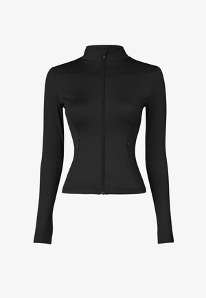 Zwarte lange mouwen jas met een hoge kraag, volledige ritssluiting aan de voorkant en zijzakken, gemaakt van glad, rekbaar materiaal. Strak aansluitend ontwerp.