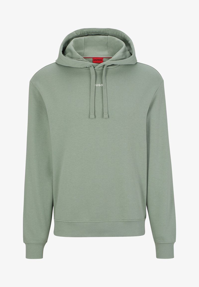 Sweat à capuche vert clair à enfiler avec cordons de serrage, poignets et ourlet côtelés, et un petit logo "HUGO" sur la poitrine sous la capuche.