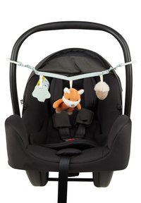 Black infant car seat with a soft interior, featuring a plush fox and acorn hanging toys, attached by a light blue strap.