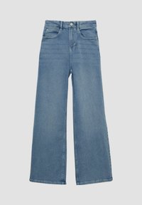 Hellblaue weit geschnittene Jeans aus Denim, mit hoher Taille, traditionellem Fünf-Taschen-Design und klassischem Knopf- und Reißverschluss.