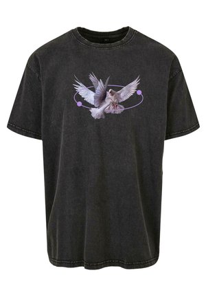 Black oversized cotton t-shirt featuring a graphic of a bird with wings spread, circular purple accents, and a textured finish.