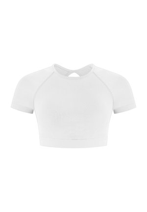 Witte, cropped sporttop met korte raglanmouwen, gestructureerde stof en een sleutelgatdetail op de rug. Vlakke naden en een aansluitende tailleband.