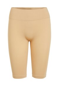 Beige cycling shorts made of stretchy fabric, featuring a ribbed waistband. The design is form-fitting with a smooth texture and knee-length cut.