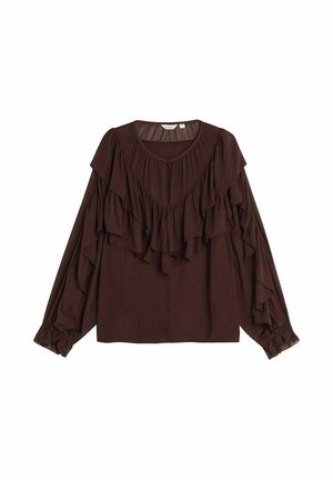 Ruskea pitkähiha blouse, jossa on röyhelödesign, pyöreä kaula-aukko, nappiyksityiskohtia ja laskostetut hihansuut. Valmistettu kevyestä, valuöisestä kankaasta.