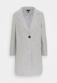 Cappotto grigio in misto lana con colletto a reverse, chiusura a un bottone, tasche laterali e maniche a 3/4. Interno foderato.