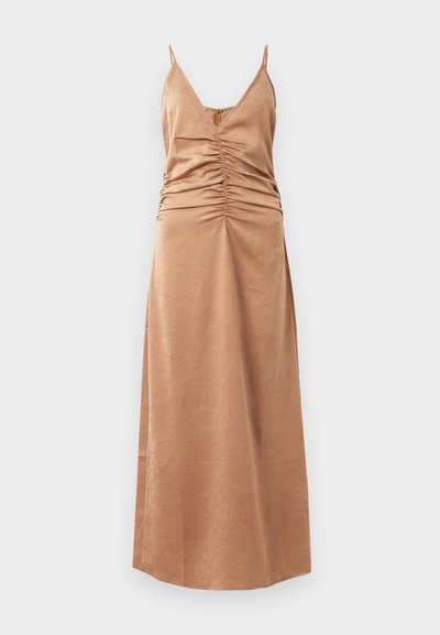 Brown, sleeveless maxi dress with a v-neckline and gathered detailing along the sides. Smooth texture with subtle pattern, falls to the ankles.