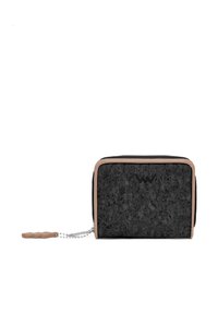 Black cork wallet with light brown edges, rectangular shape, zipper closure, and a textured surface. Features a chain and circular handle.