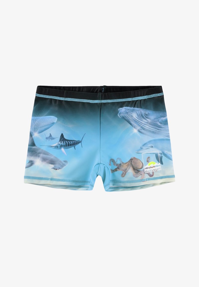 Ανακλινόμενα μαγιό σε ζωντανό μπλε χρώμα με θαλάσσια σκηνή που περιλαμβάνει διάφορα θαλάσσια ζώα, όπως καρχαρίες και μία χταποδάκι.