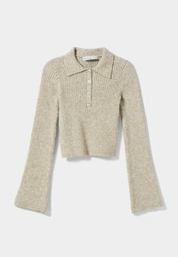 Beżowy krótki sweter o prążkowanej strukturze, z długimi rękawami w kształcie dzwonu i kołnierzykiem z pięcioma guzikami z przodu.