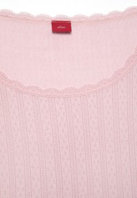 Light pink knitted top featuring a scalloped neckline, textured vertical stripes, and delicate eyelet patterns. Red brand tag visible at the top.