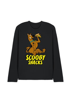 Black long-sleeve shirt with Scooby-Doo holding a pizza slice and "Scooby Snacks" text in bold yellow below.