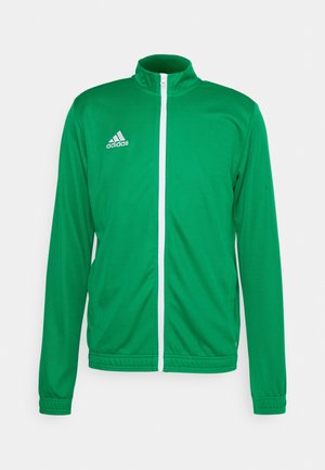 Groene Adidas sportjas met witte rits aan de voorkant, lange mouwen en een opstaande kraag op een effen achtergrond.