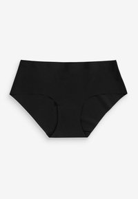 Zwarte high-waisted bikini onderkant van rekbaar materiaal, met een gladde textuur, brede zijkanten en een naadloos ontwerp. Geen patronen of metalen onderdelen.