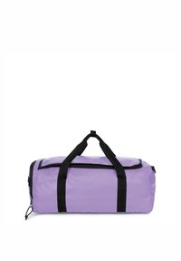 Borsa a sacca viola con manici neri, una cerniera superiore e forma cilindrica. Realizzata in materiale liscio e resistente. Accentuata da un bordo nero.