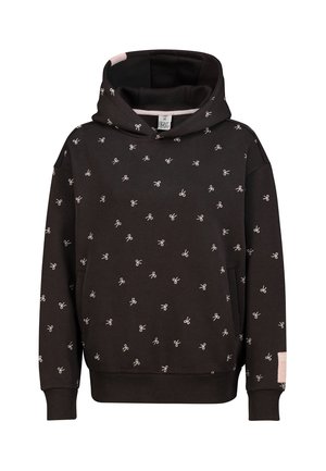 Schwarzer Hoodie mit kleinem weißen Scherenmuster überall, Fronttasche und gerippte Bündchen und Saum.