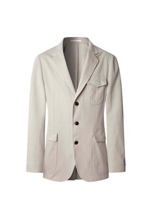 Light grey, single-breasted blazer made of textured fabric. Features a notched lapel, three front pockets, and five black buttons.