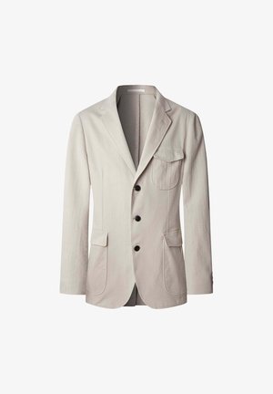 Lichtgrijze, enkel-breasted blazer gemaakt van gestructureerde stof. Voorzien van een reverskraag, drie voorkruimelzakken en vijf zwarte knopen.