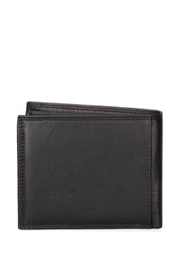 Portafoglio in pelle nera con superficie testurizzata, design bi-fold, cuciture visibili e profilo semplice e elegante. Nessuna ferramenta o accenti visibili.