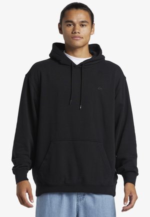 Black hooded sweatshirt made of cotton blend, featuring a front kangaroo pocket, ribbed cuffs, and a small logo on the chest.